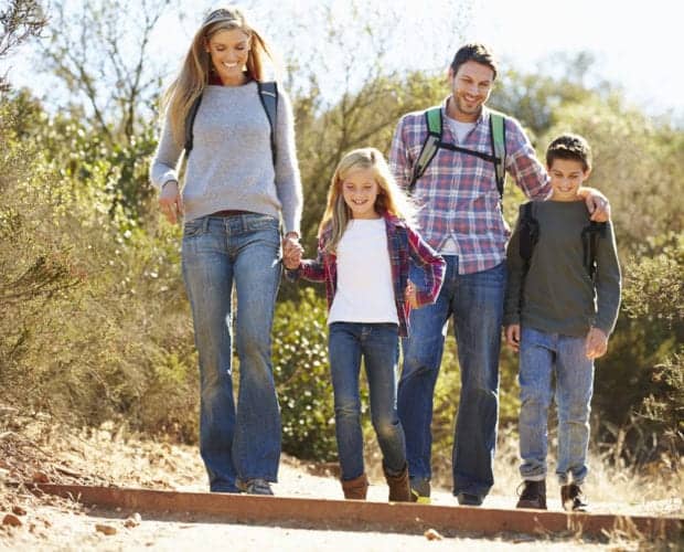 Family Hiking In Countryside Wearing Backpacks