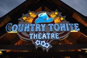 Country Tonite music show in Pigeon Forge sign at night