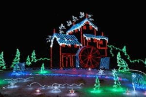 A Christmas lights scene depicting The Old Mill in Pigeon Forge.